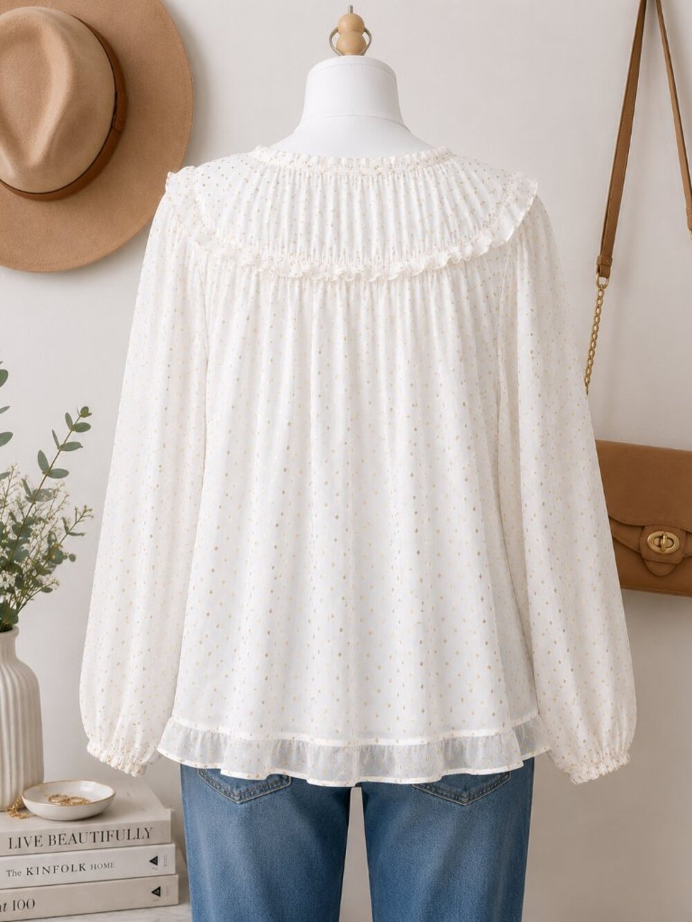✨ Old Navy White & Gold Metallic Dot Boho Blouse | Size Medium - Picture 2 of 5